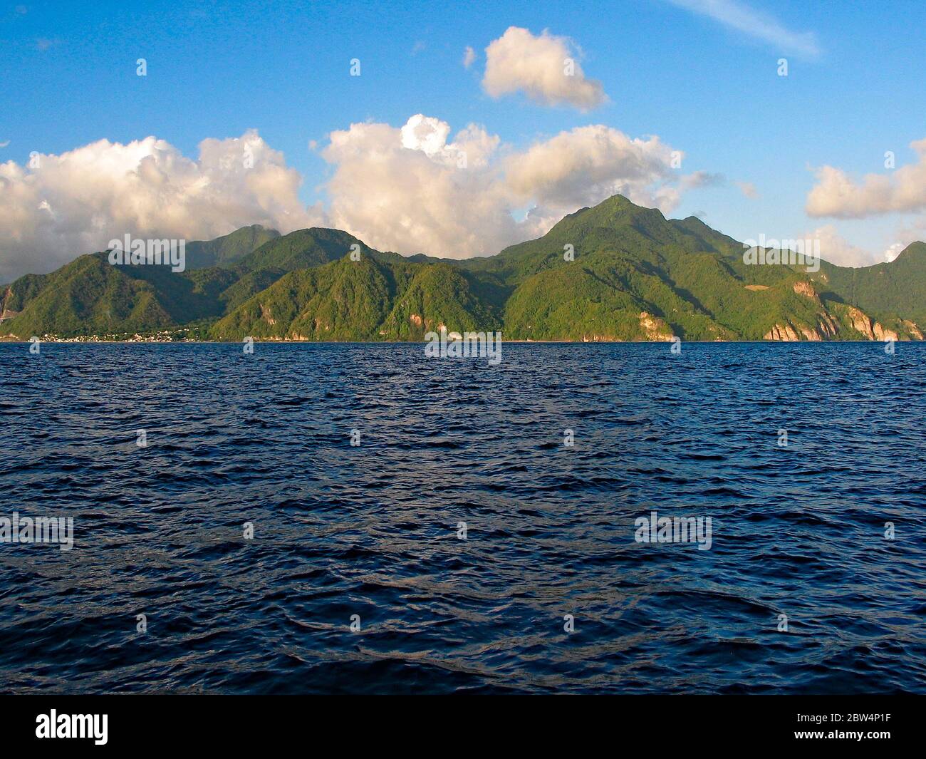Shores of a Caribbean island, view from the deck, Martinique, the Lesser Antilles, France. Stock Photo