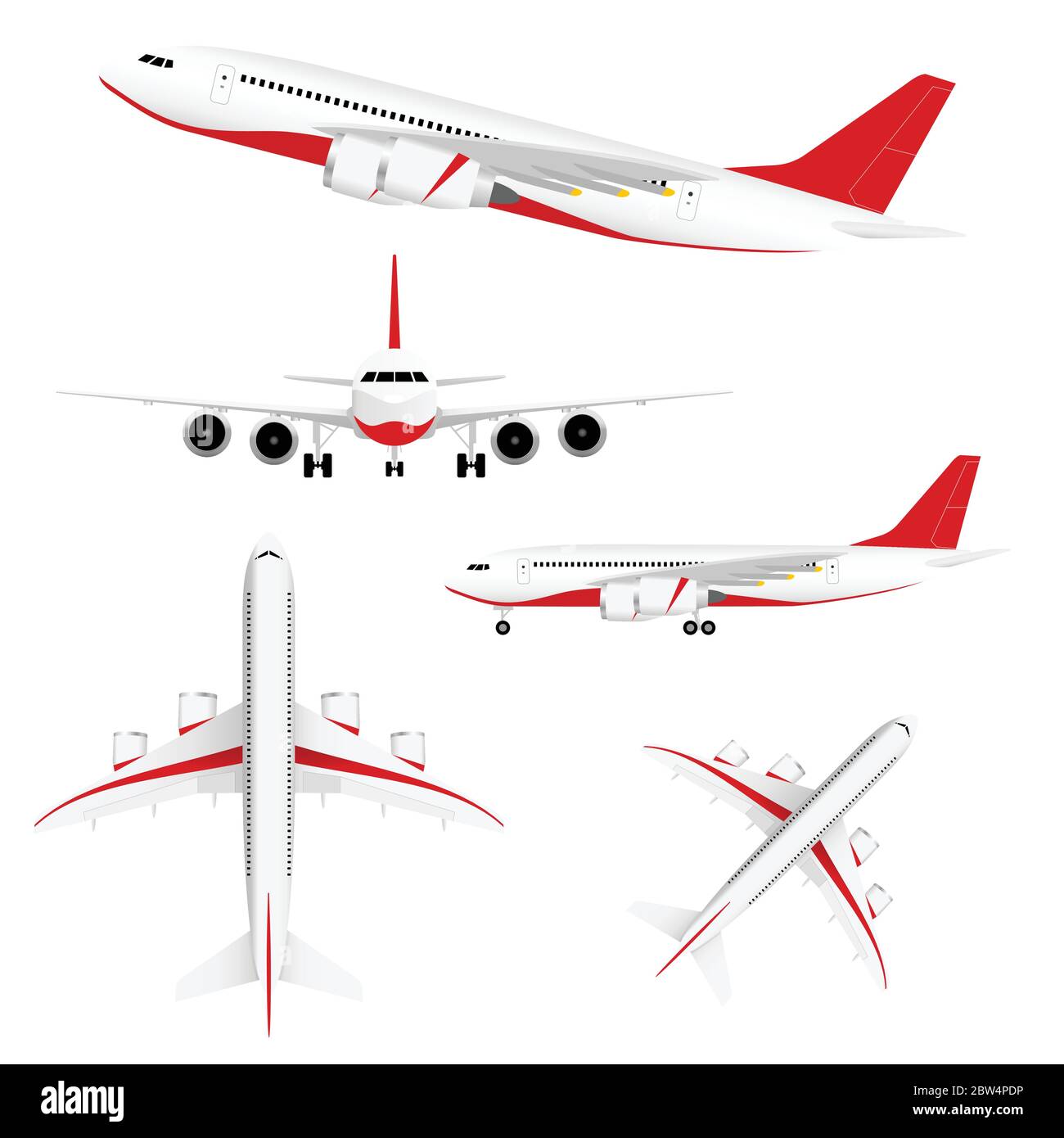 airplane set with red illustration on white Stock Vector