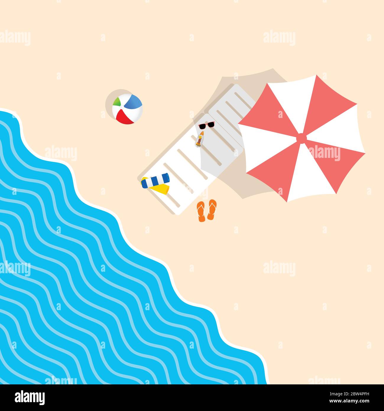 beach stuff with deckchair and umbrella leisure illustration in colorful Stock Vector