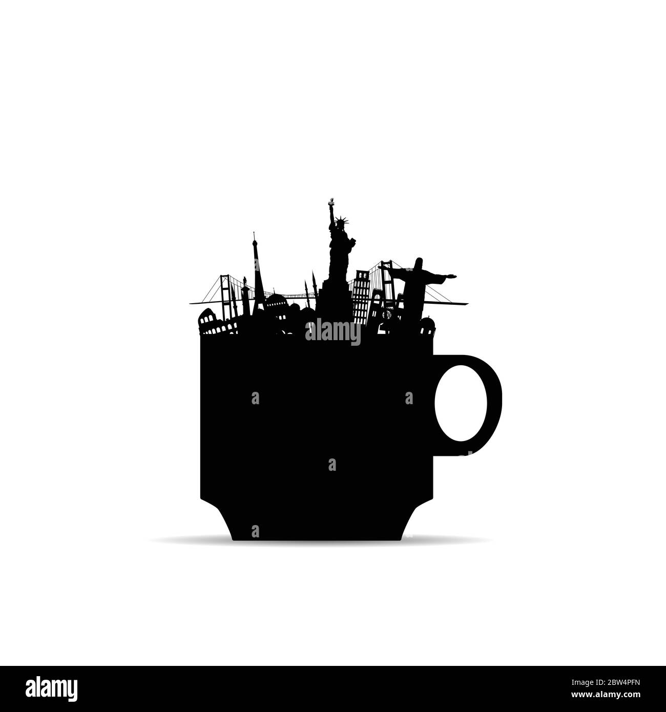 cup of coffee with historic famous monuments art illustration Stock