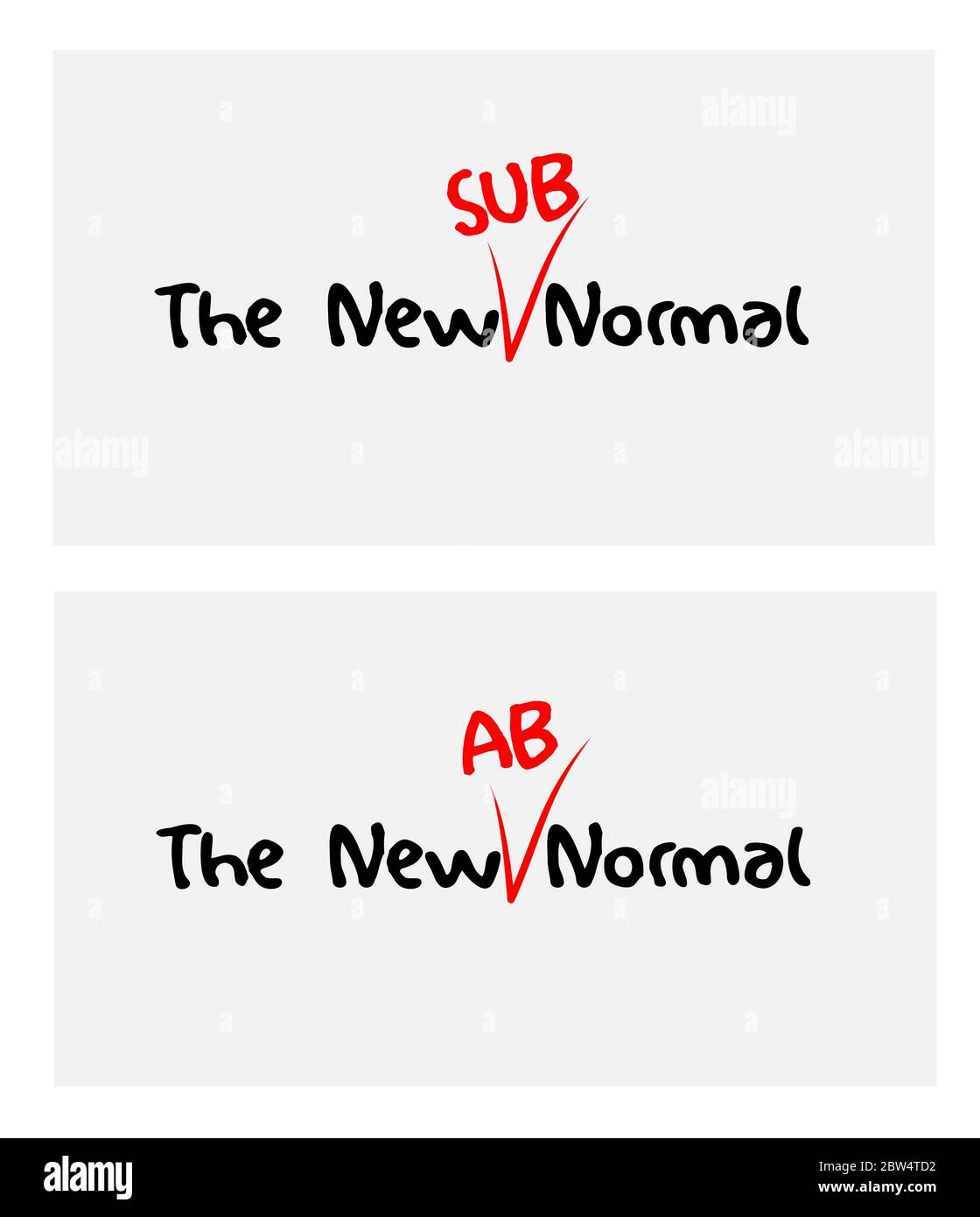 The New Normal phrase slogan, red dash SUB and AB prefixes as protest to social distancing changes Stock Photo