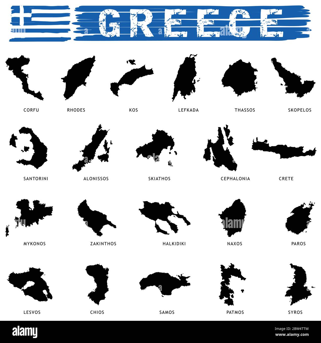 greek island paradise set in black color illustration on white Stock Vector