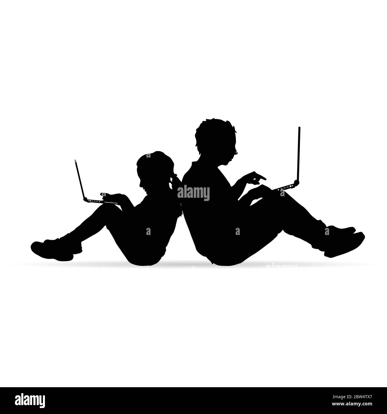 children silhouette with work on laptop illustration in black Stock Vector