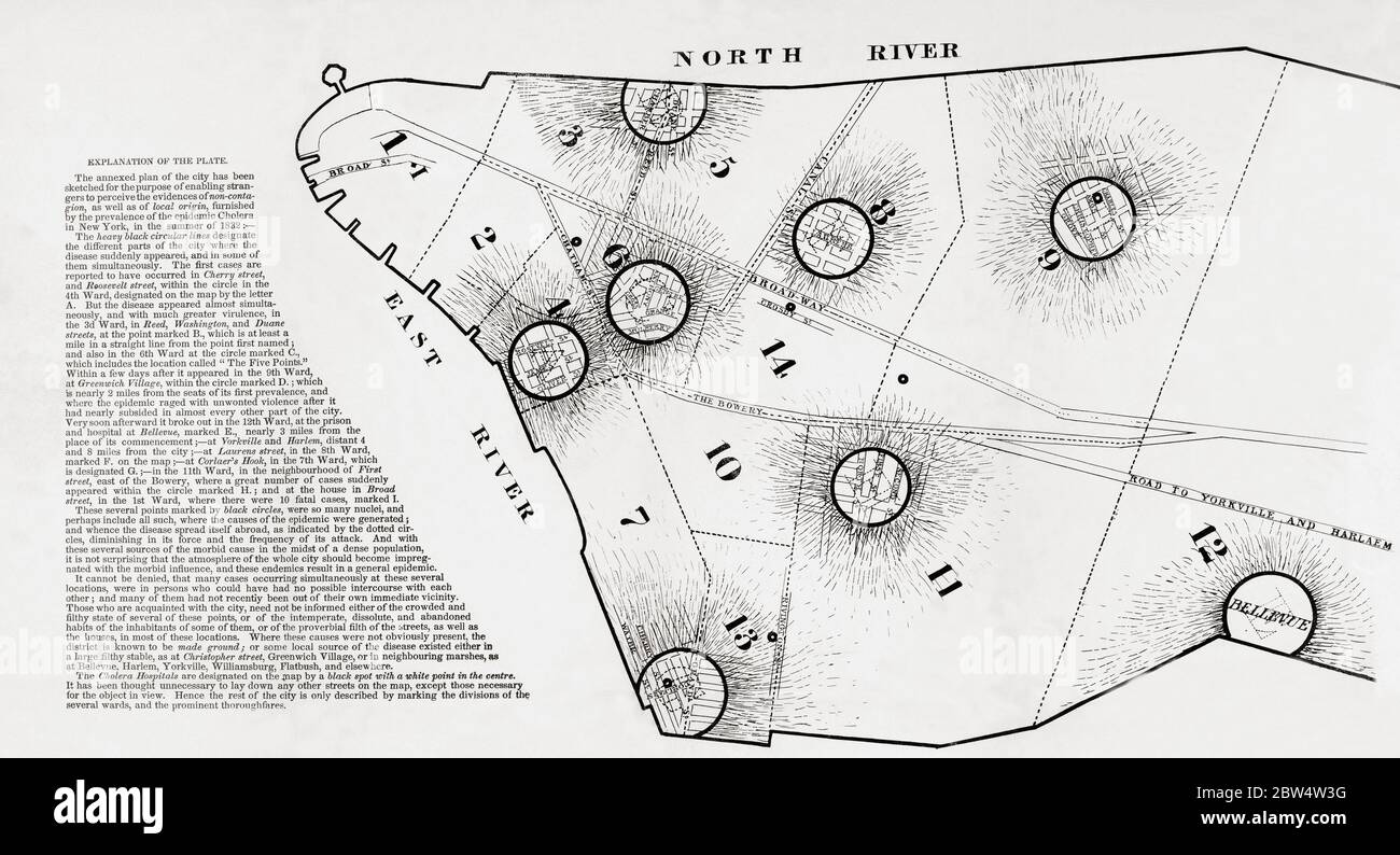 Cholera epidemic,  New York City,  1832.  Map highlighting hubs of infection and its spread.  From the book by David Meredeth Reese,  A Plain and Practical Treatise on the Epidemic Cholera: As it Prevailed in the City of New York in the Summer of 1832 (etc)  Published 1833.  David Meredith Reese 1800-1861. American physician. Stock Photo