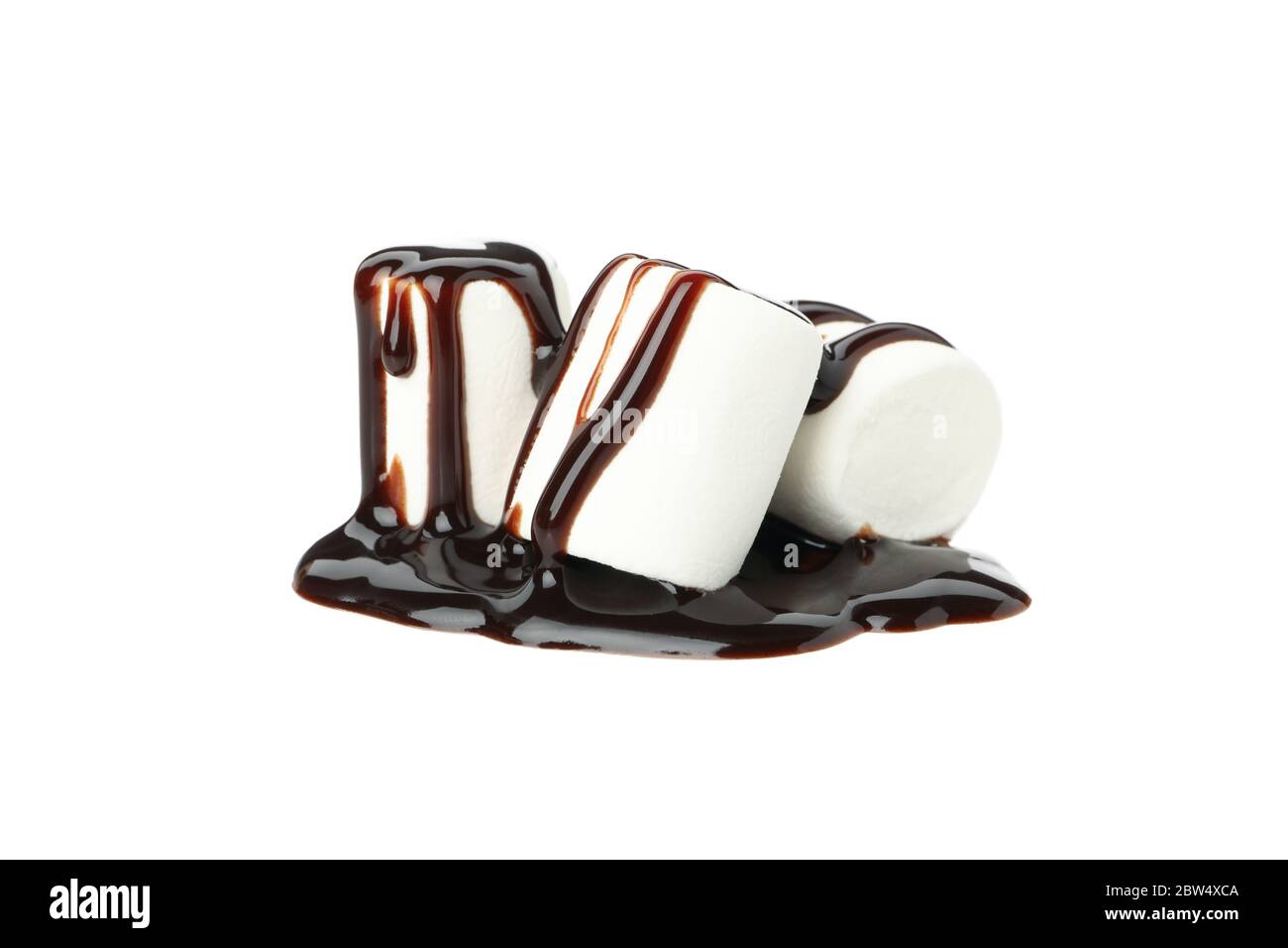 Marshmallow in chocolate sauce isolated on white background Stock Photo