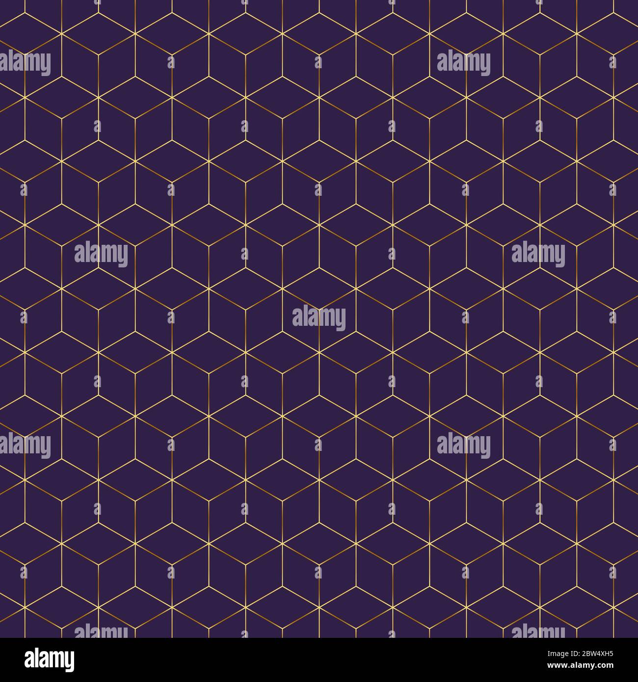 Elegant seamless pattern with golden metallic hexagons on violet indigo background. Repeat geometric vector pattern with isometric cubes for interior Stock Vector