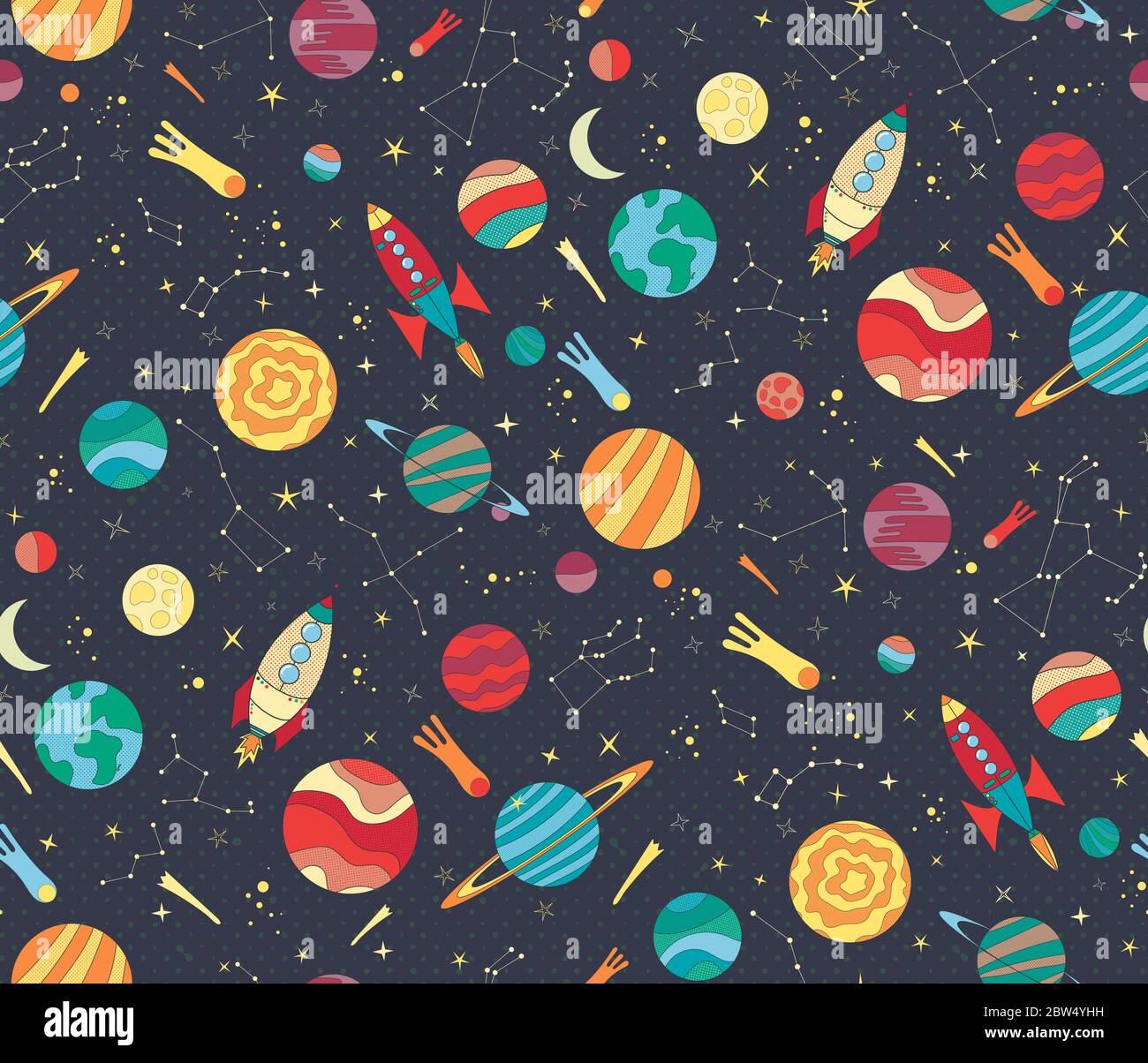 Seamless vector pattern with colorful hand drawn spaceships, planets and stars. Astronomy themed pattern for wallpaper, textiles, kids prints. Stock Vector