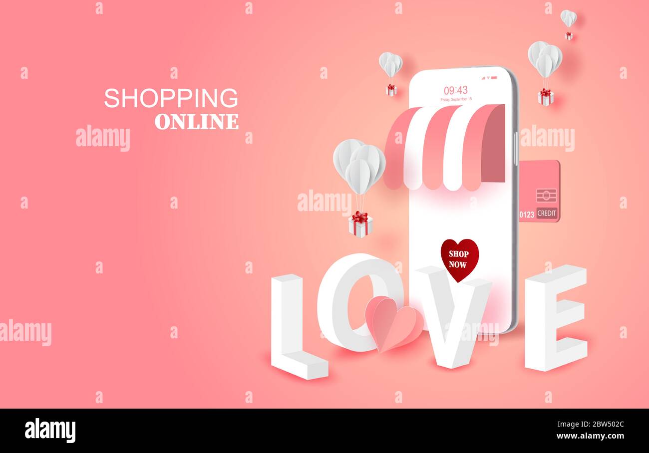 3D Paper art of Air white balloons gift box floating on pink background ...