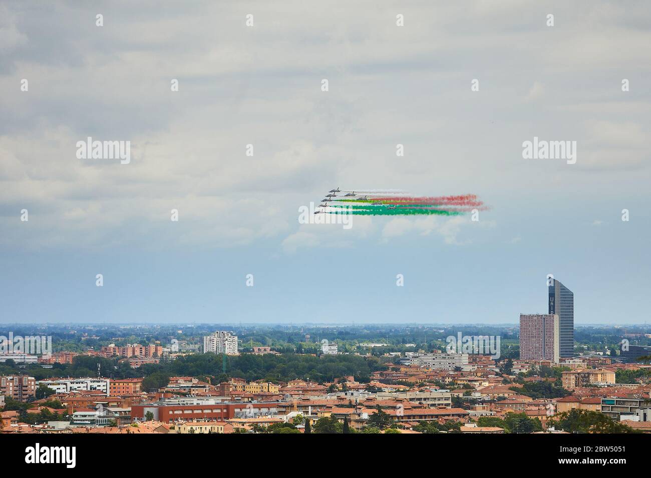 Bologna, Italy. 29th May, 2020. Italy's aerobatic team Frecce Tricolori (Tricolour arrows) fly over Bologna as part of celebrations for the 74th anniversary of the proclamation of the Italian Republic on May 29, 2020 in Bologna, Italy. Credit: Massimiliano Donati/Alamy Live News Stock Photo