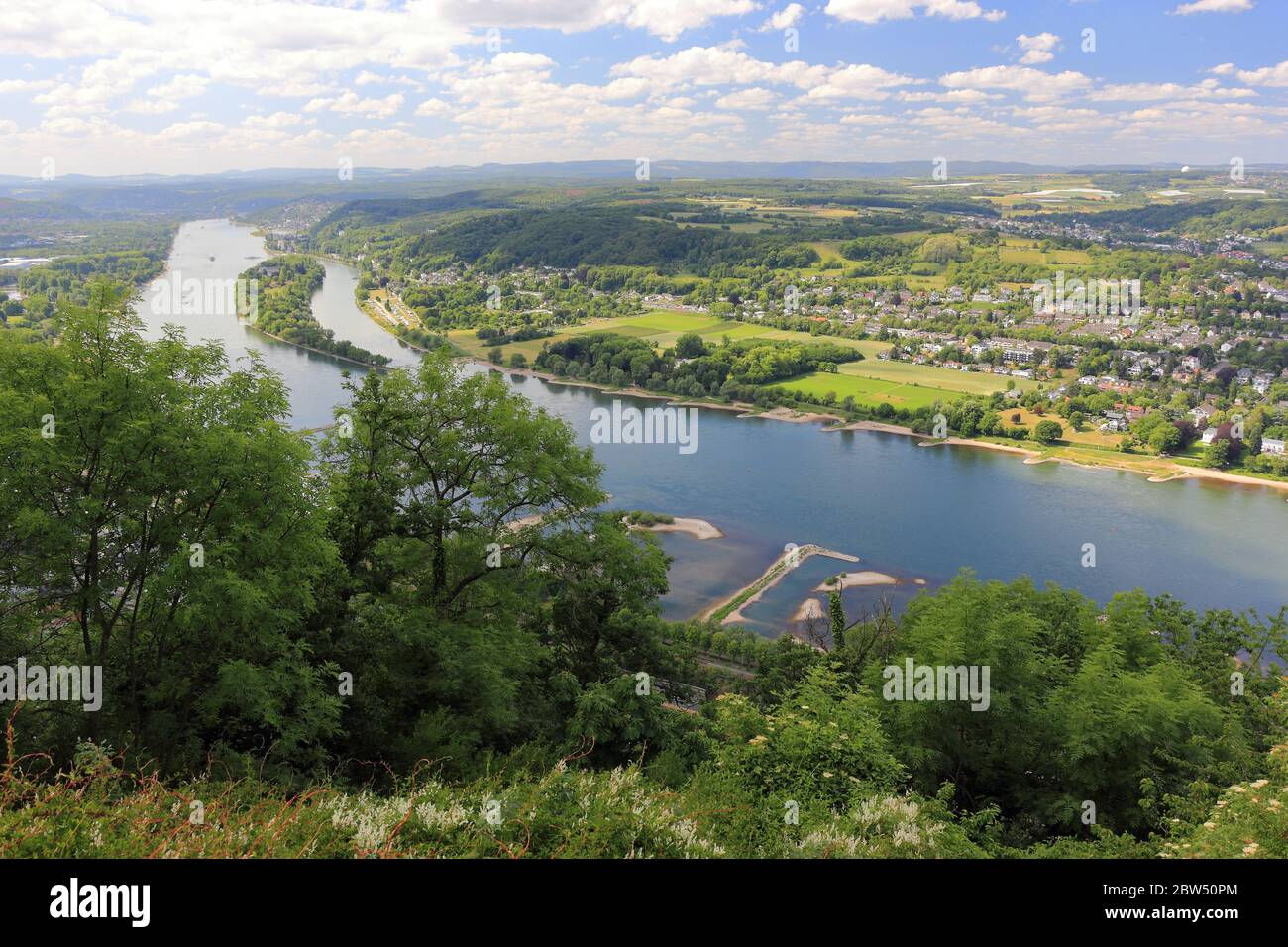 Panarama view from the Drachenfels to the river Rhine and view of Nonnenwerth Island. Bad Honnef near Bonn, Germany. Stock Photo