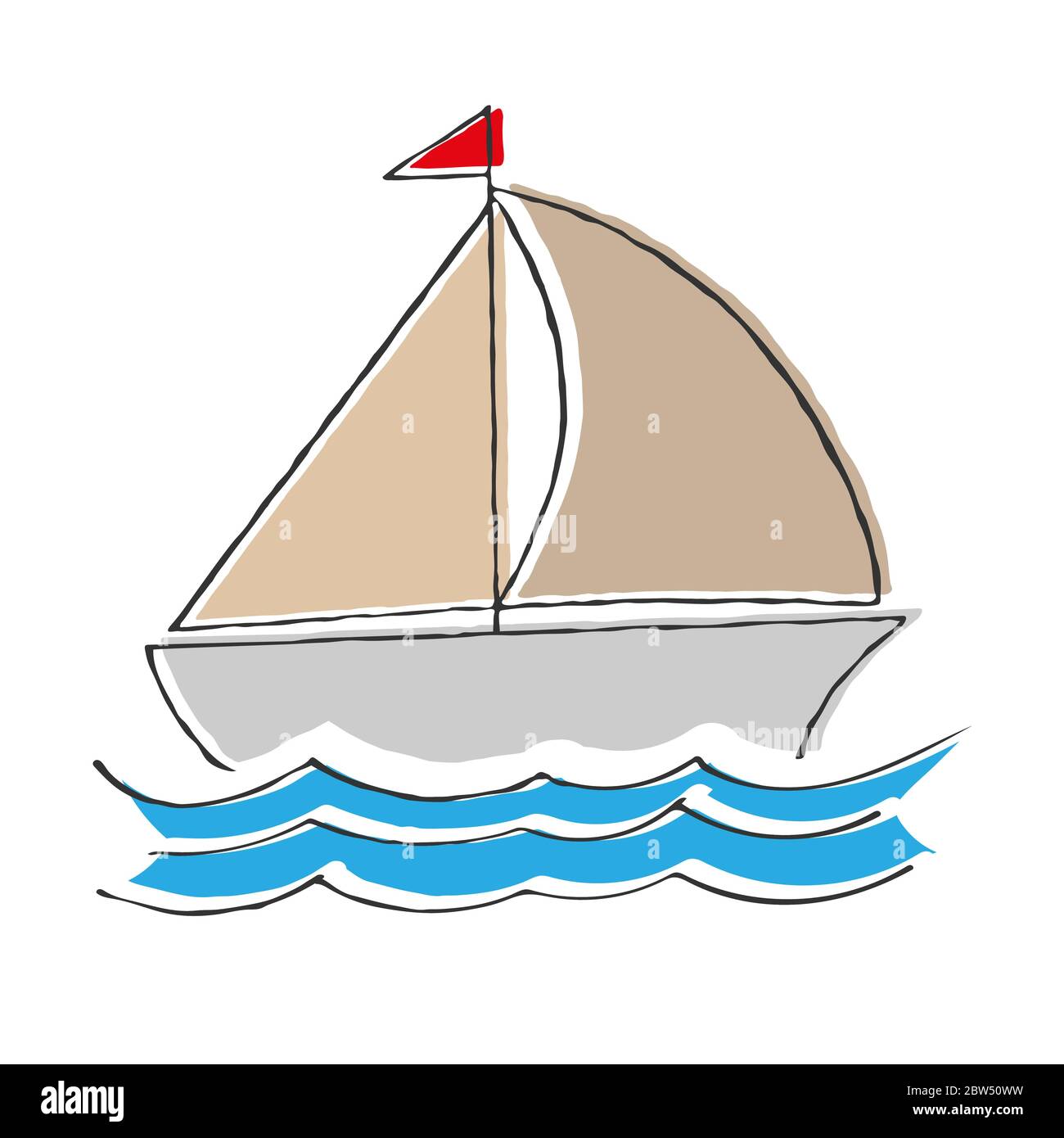 boat with a sail on the waves. Vector color illustration in Doodle