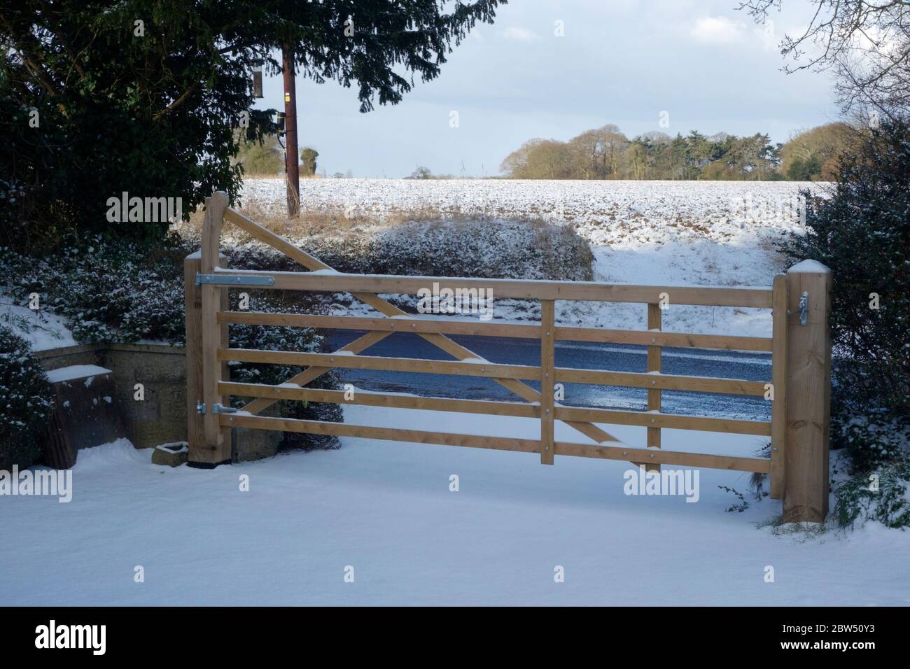 A traditional Norfolk style wooden five-bar gate Stock Photo