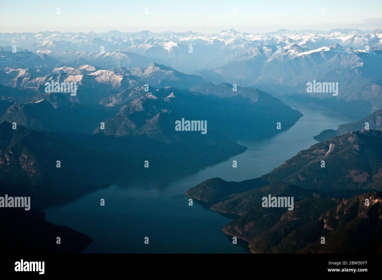 An aerial view of Bute Inlet and the fjords of the Coast Mountains on the southern mainland Pacific coast of British Columbia, Canada. Stock Photo