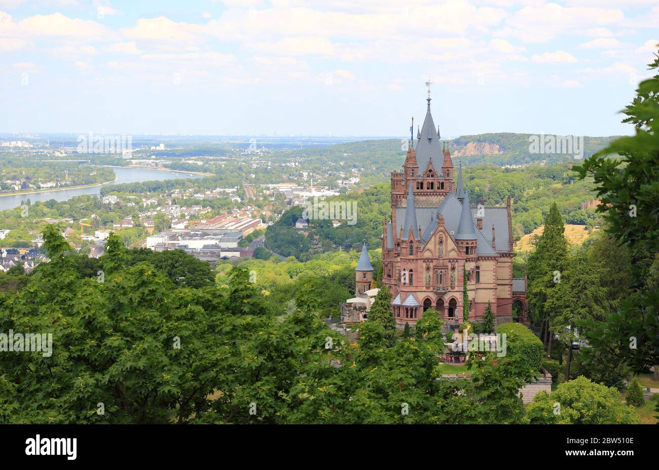 Drachenburg Castle, Rhine valley and the city of Bonn. Germany, Europe. Stock Photo