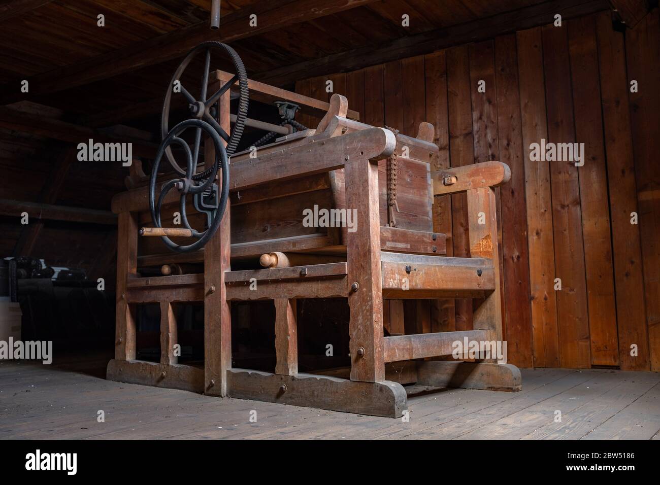 Antiquity - Historical German clothes wringer (mangle) in the attic Stock Photo