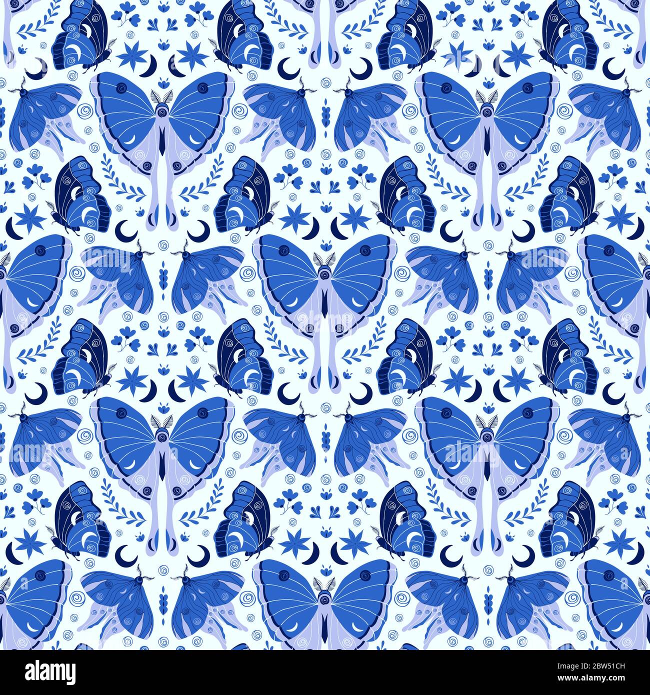 Hand drawn moths/butterflies pattern in a scallop reflected repeat colored in tones of blues. Elegant seamless vintage style vector pattern. Stock Vector