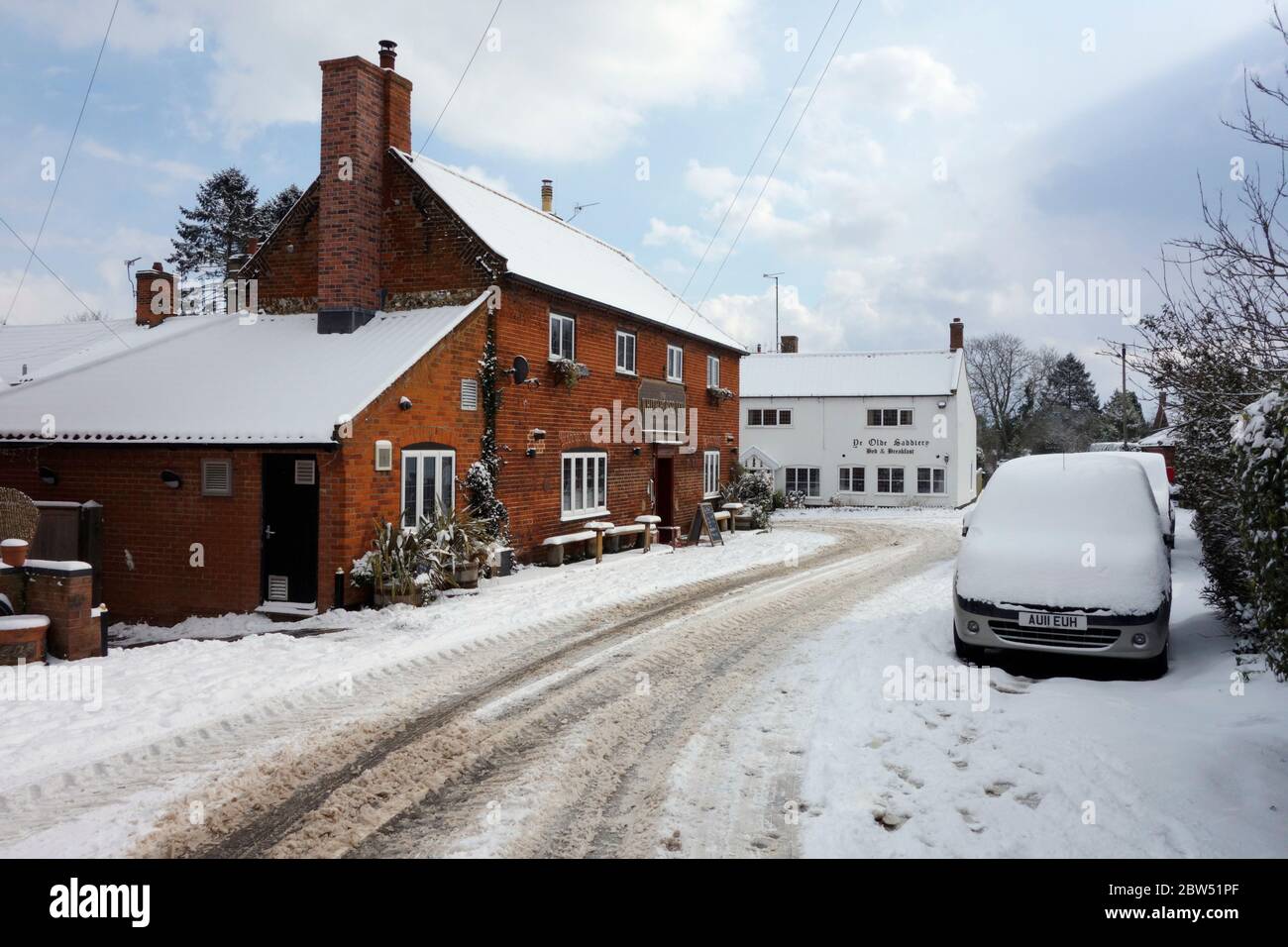 Snow covering the street in Neatishead during the winter of 2017/2018 Stock Photo