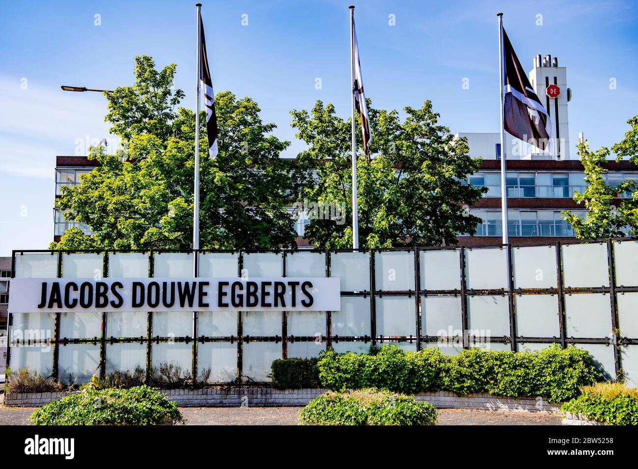 JDE sign at the headquarters in Utrecht.Jacobs Douwe Egbets (JDE) parent to Douwe  Egberts (DE), a Dutch coffee brand has experienced a successful IPO  (Initial Public Offering Stock Photo - Alamy