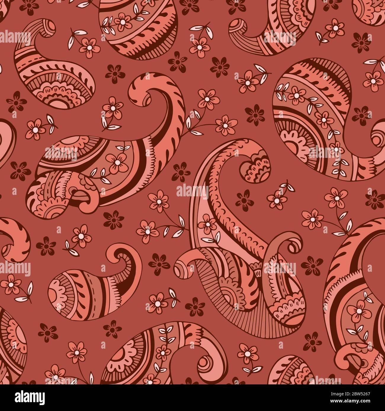 Retro Seventies Clay Tones HandDrawn Paisley Vector Seamless Pattern