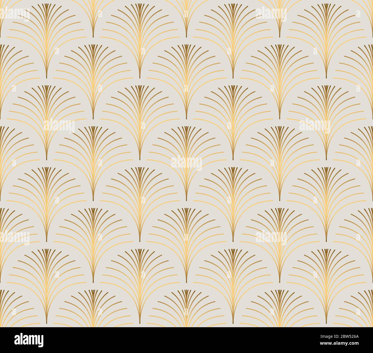 Vintage style elegant floral art deco repeat fan pattern/stylized palm leaf in golden metallic gradient on light background. Seamless art deco Stock Vector