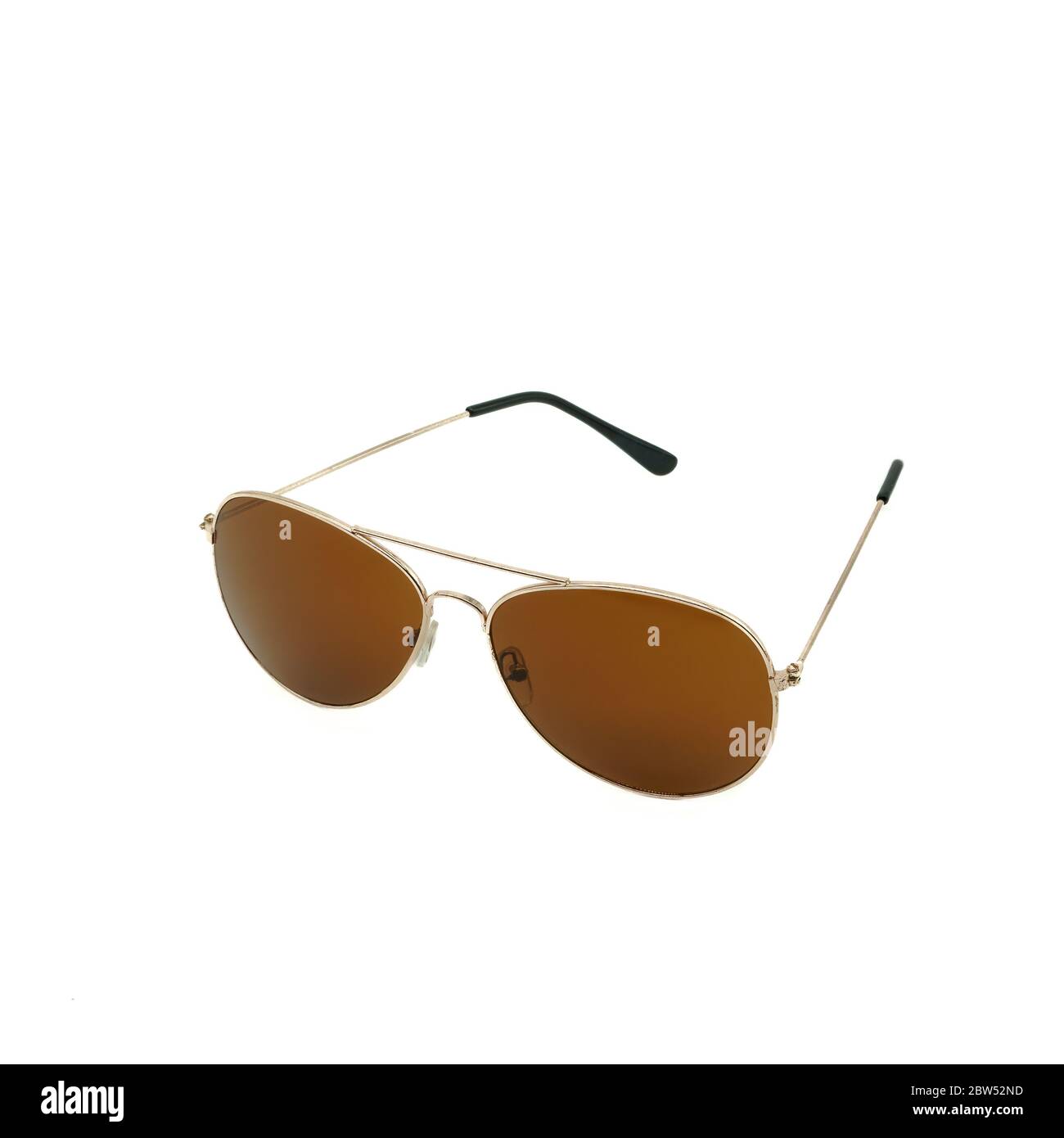 Brown mirrored sunglasses with a gold frame, white background Stock Photo