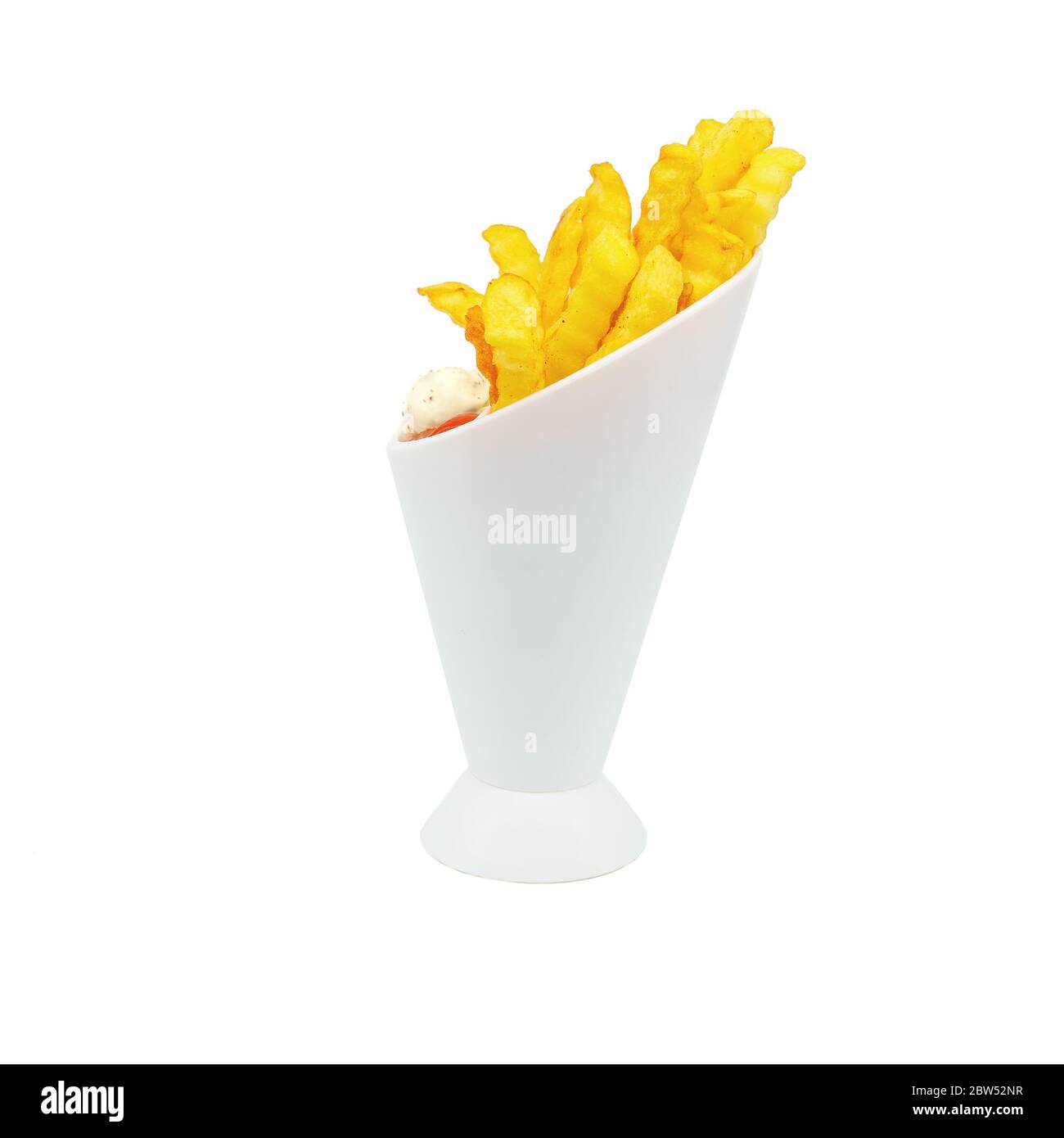 A white high top with french fries, ketchup and mayonnaise, white background Stock Photo