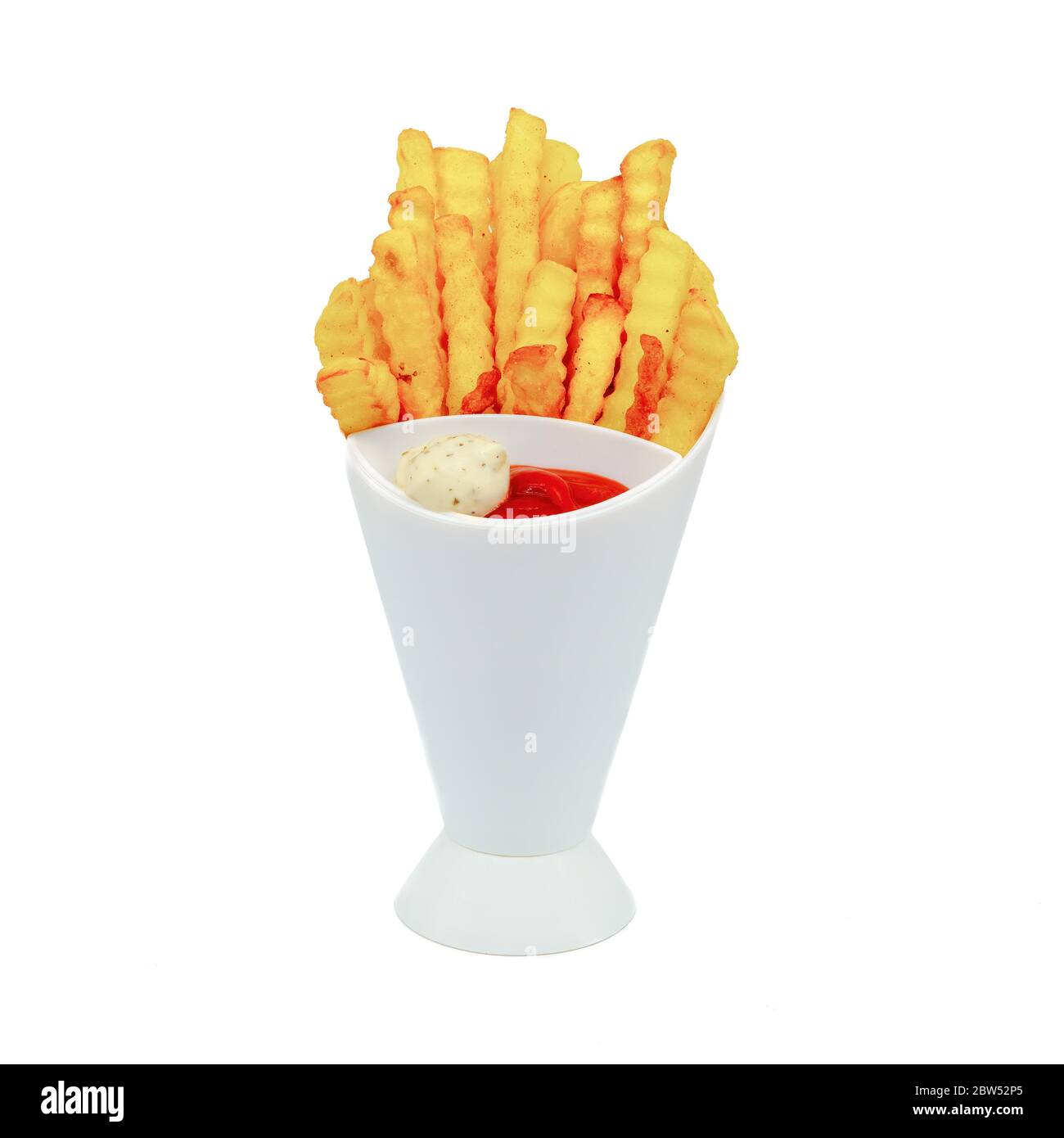 A white high top with french fries, ketchup and mayonnaise, white background Stock Photo