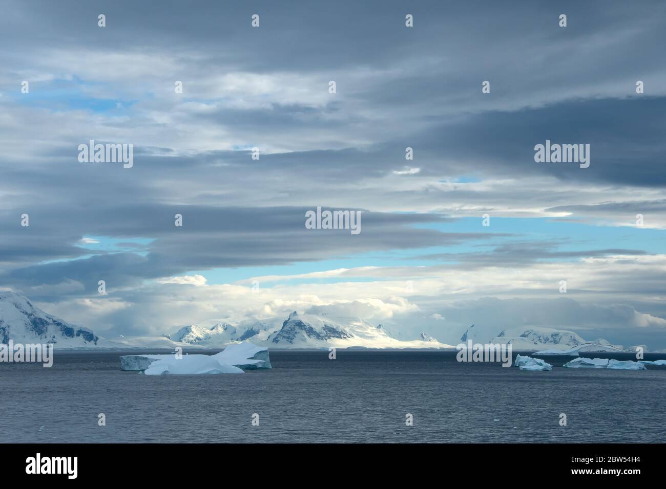 Blue icebergs floating in front of Elephant Island, Antarctica. Stock Photo