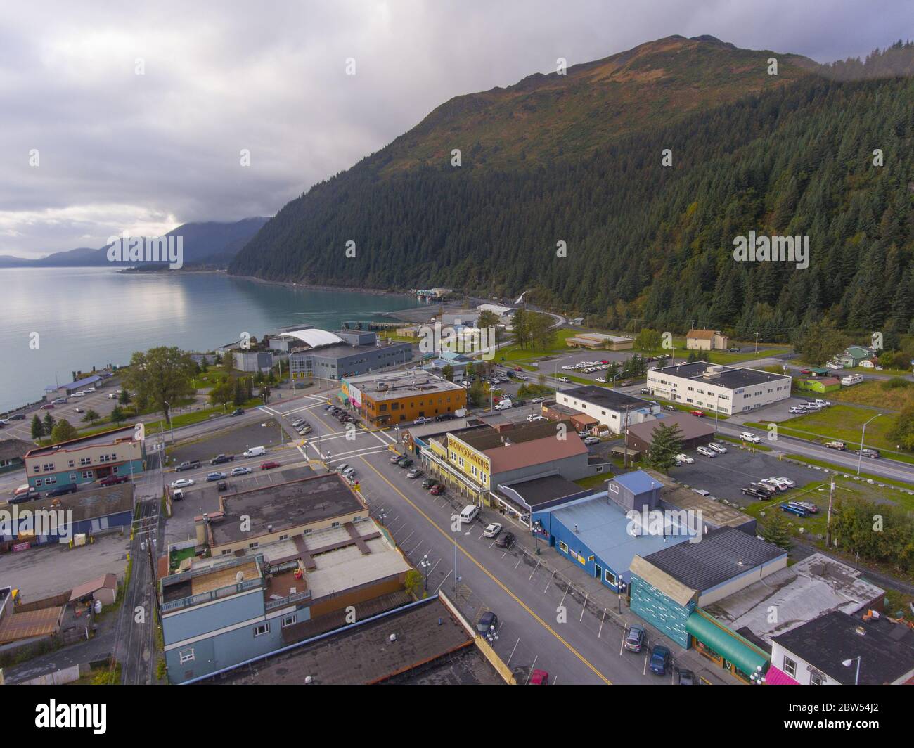 Aerial view of Seward city center and waterfront in fall, Seward, Kenai
