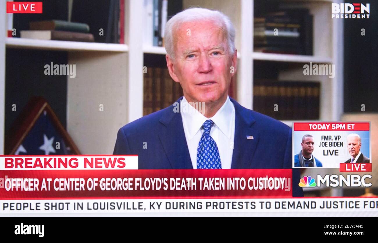 Wilmington, Delaware, USA. 29th May, 2020. A screen grab of Vice President JOE BIDEN reacting to the death of GEORGE FLOYD while in police custody in Minneapolis. Credit: Brian Cahn/ZUMA Wire/Alamy Live News Stock Photo