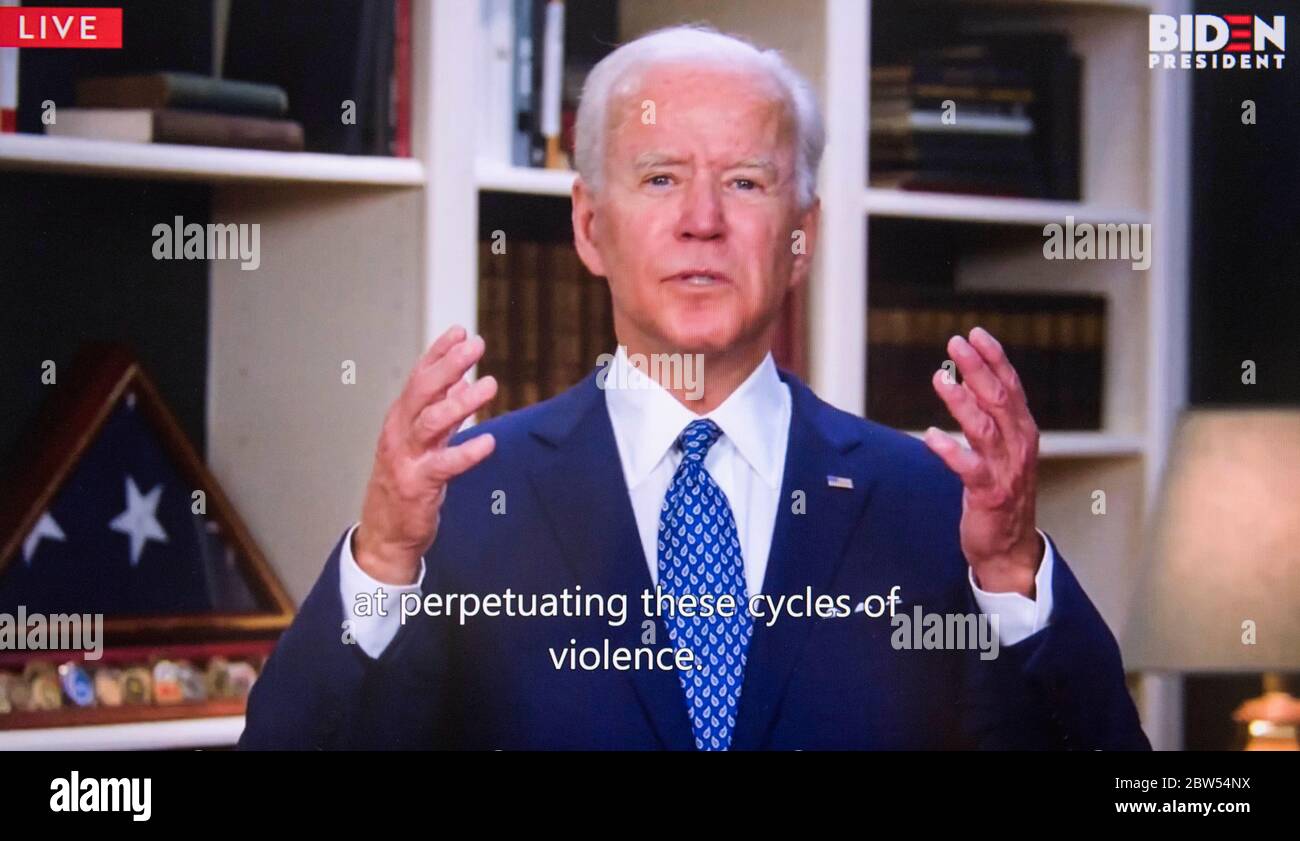 Wilmington, Delaware, USA. 29th May, 2020. A screen grab of Vice President JOE BIDEN reacting to the death of GEORGE FLOYD while in police custody in Minneapolis. Credit: Brian Cahn/ZUMA Wire/Alamy Live News Stock Photo