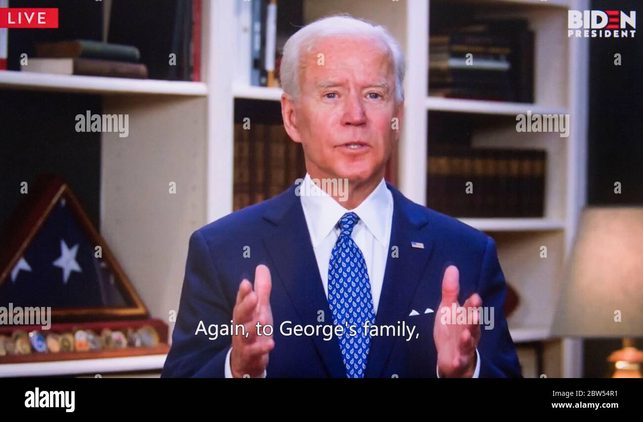 Wilmington, Delaware, USA. 29th May, 2020. A screen grab of Vice President JOE BIDEN reacting to the death of GEORGE FLOYD while in police custody in Minneapolis. Credit: Brian Cahn/ZUMA Wire/Alamy Live News Stock Photo