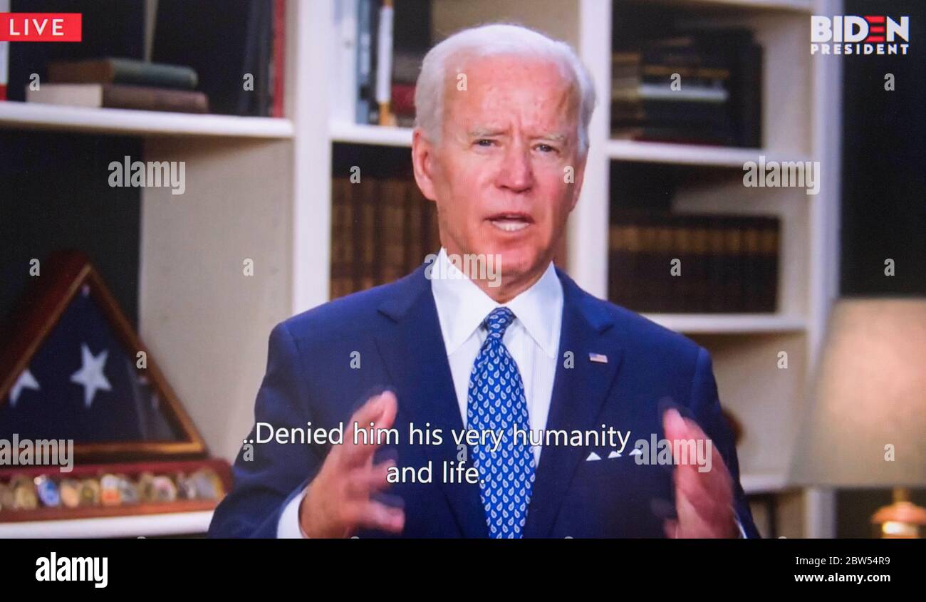 Wilmington, Delaware, USA. 29th May, 2020. A screen grab of Vice President JOE BIDEN reacting to the death of GEORGE FLOYD while in police custody in Minneapolis. Credit: Brian Cahn/ZUMA Wire/Alamy Live News Stock Photo