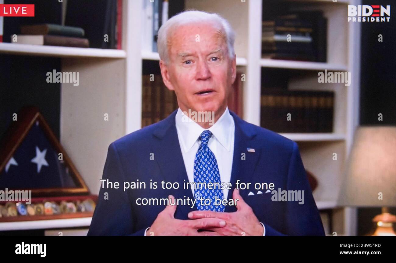 Wilmington, Delaware, USA. 29th May, 2020. A screen grab of Vice President JOE BIDEN reacting to the death of GEORGE FLOYD while in police custody in Minneapolis. Credit: Brian Cahn/ZUMA Wire/Alamy Live News Stock Photo