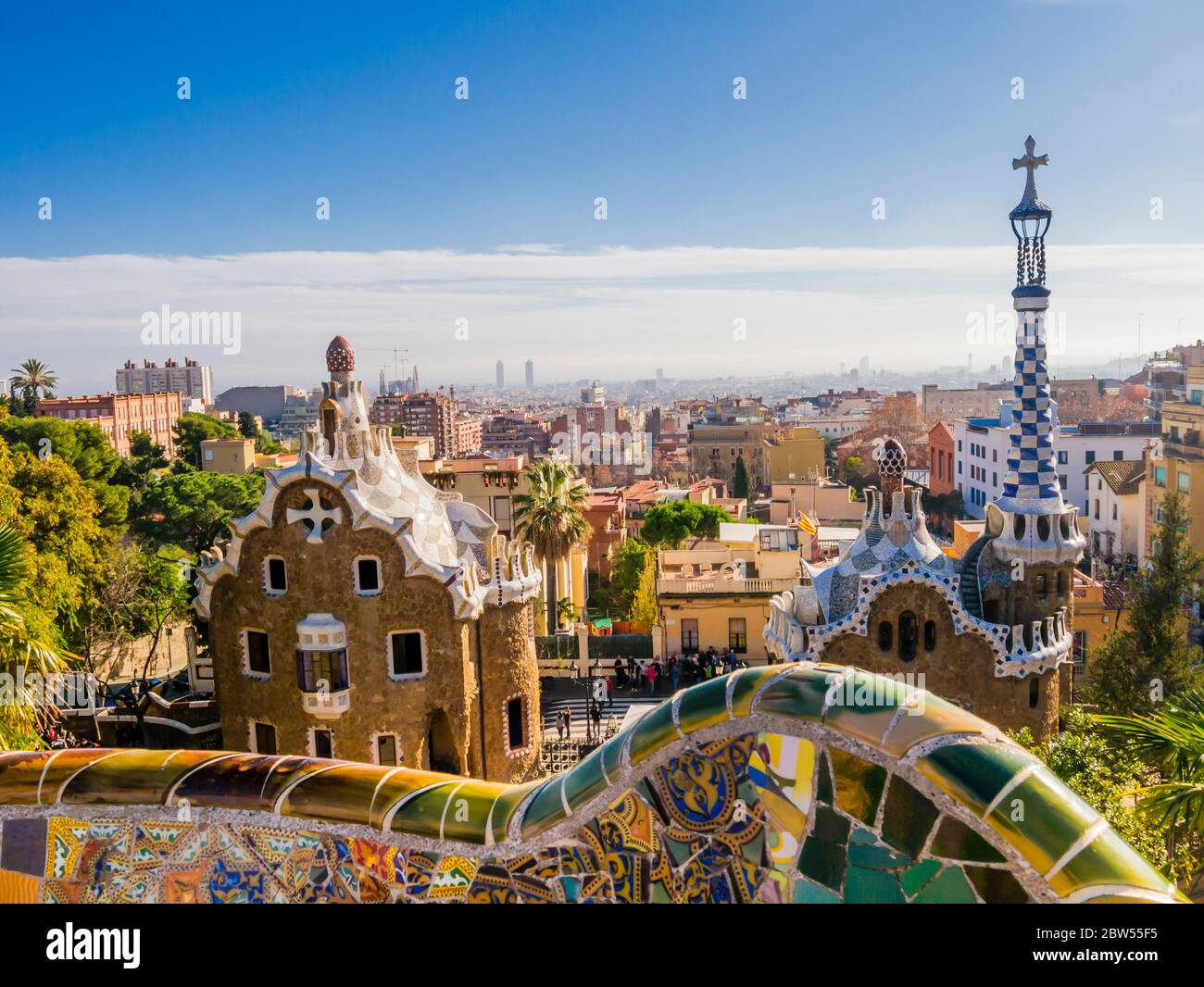 Impressive view of colorful Park Güell architectures designed by Antoni Gaudì, Barcelona, Spain Stock Photo