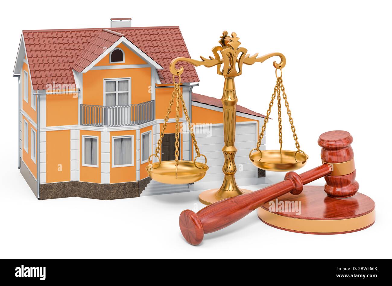 House with wooden gavel and scales of justice. 3D rendering isolated on white background Stock Photo