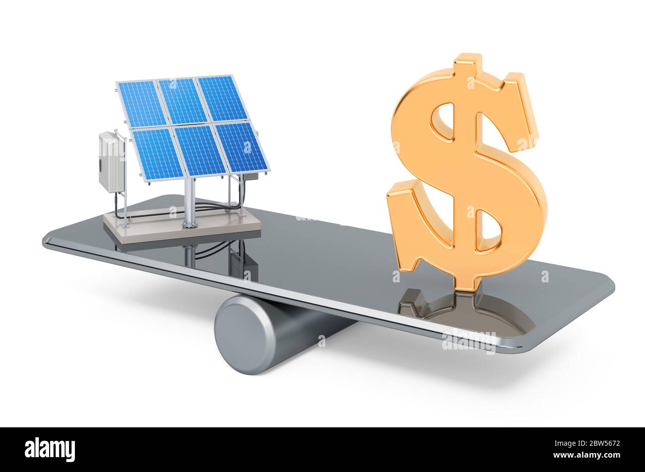Solar panels and Dollar symbol. Balance concept, 3D rendering isolated on white background Stock Photo
