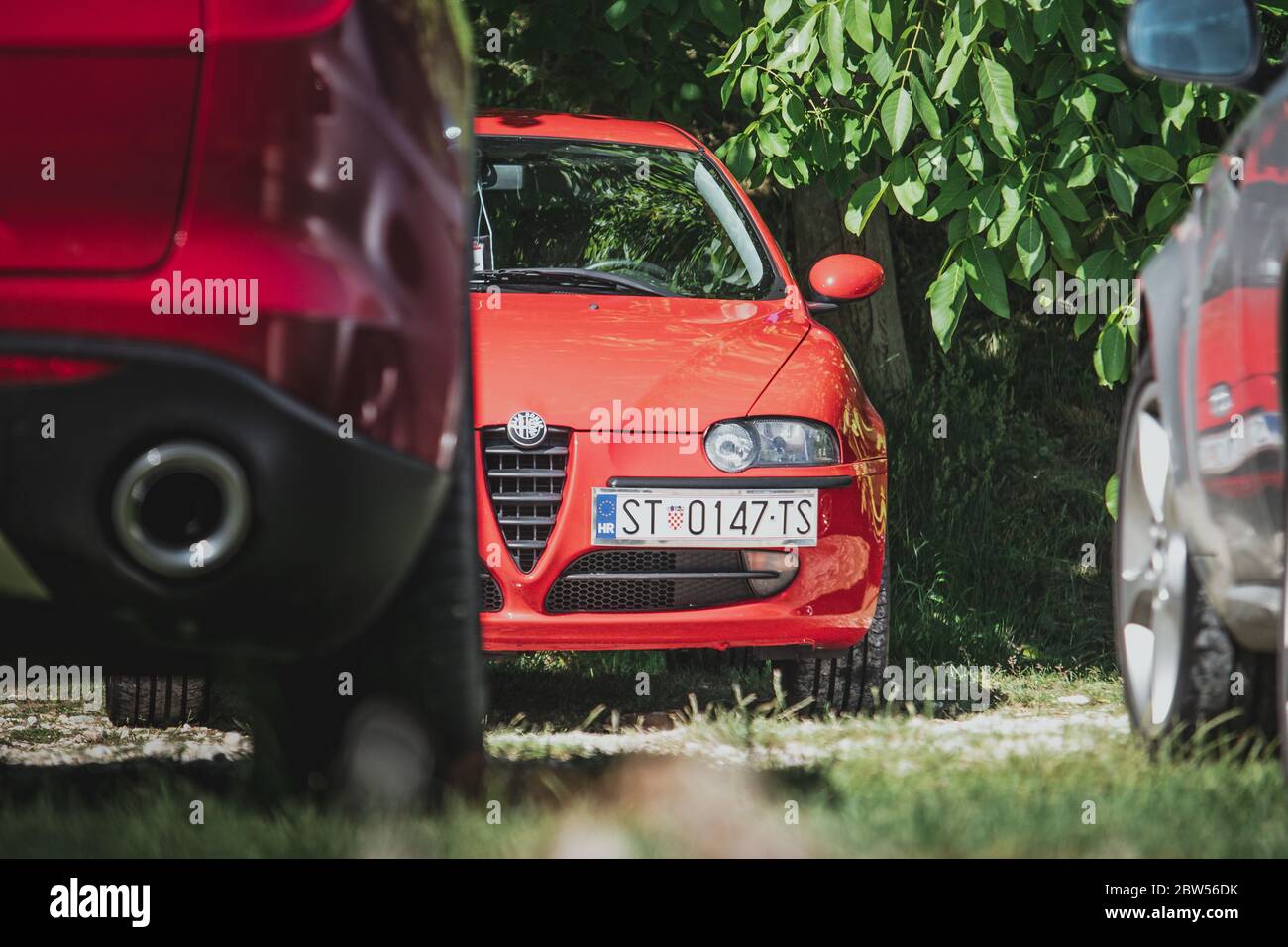 Red Alfa Romeo 147 parked in nature below a green tree. Model before redesign with Croatian number plates reflecting the car model Stock Photo