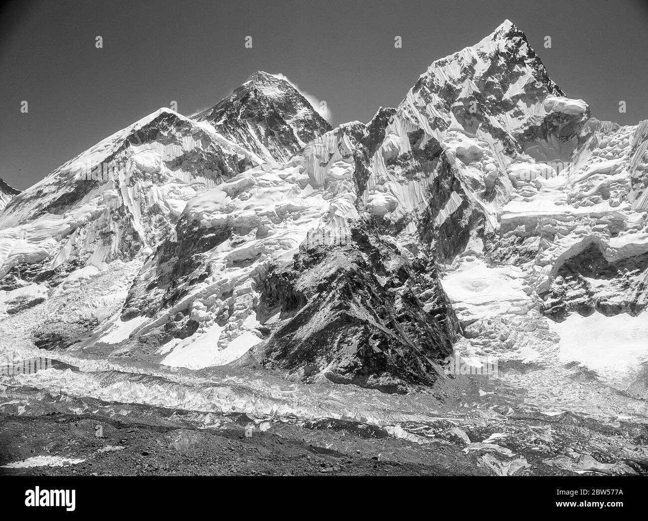Nepal. Mount Everest [Chomolongma] 8848m the highest mountain in the world, with near neighbour Nuptse7906m in monochrome, as seen from Kalar Patar above Gorak Shep pasture Stock Photo