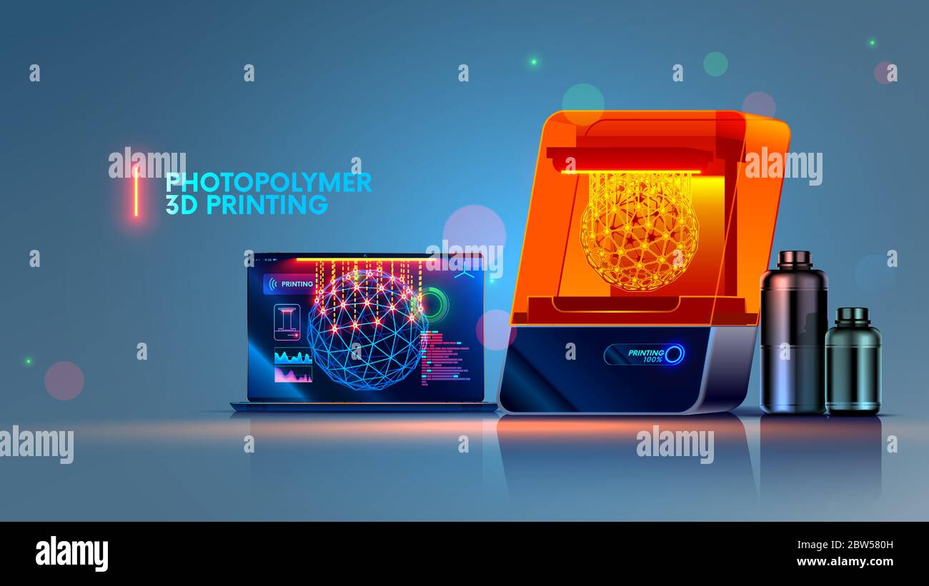 SLA or DLP 3d printer on desktop. Laptop with interface cad system and 3d object on screen. Stereolithographic technology 3d printing. Printed three Stock Vector