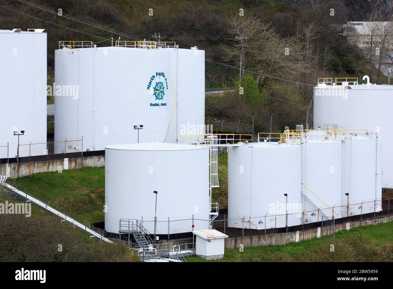 Oil Storage, Port of Kodiak, Alaska, USA Stock Photo