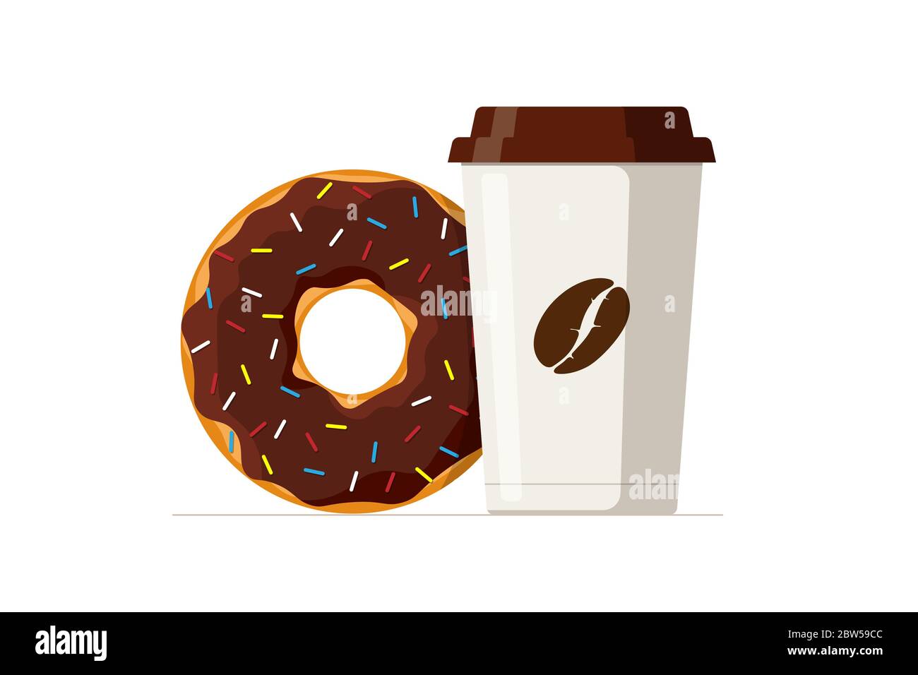 Cartoon colorful tasty chocolate donut and disposable paper coffee cup. Glazed doughnut with hot beverage vector isolated flat eps illustration Stock Vector