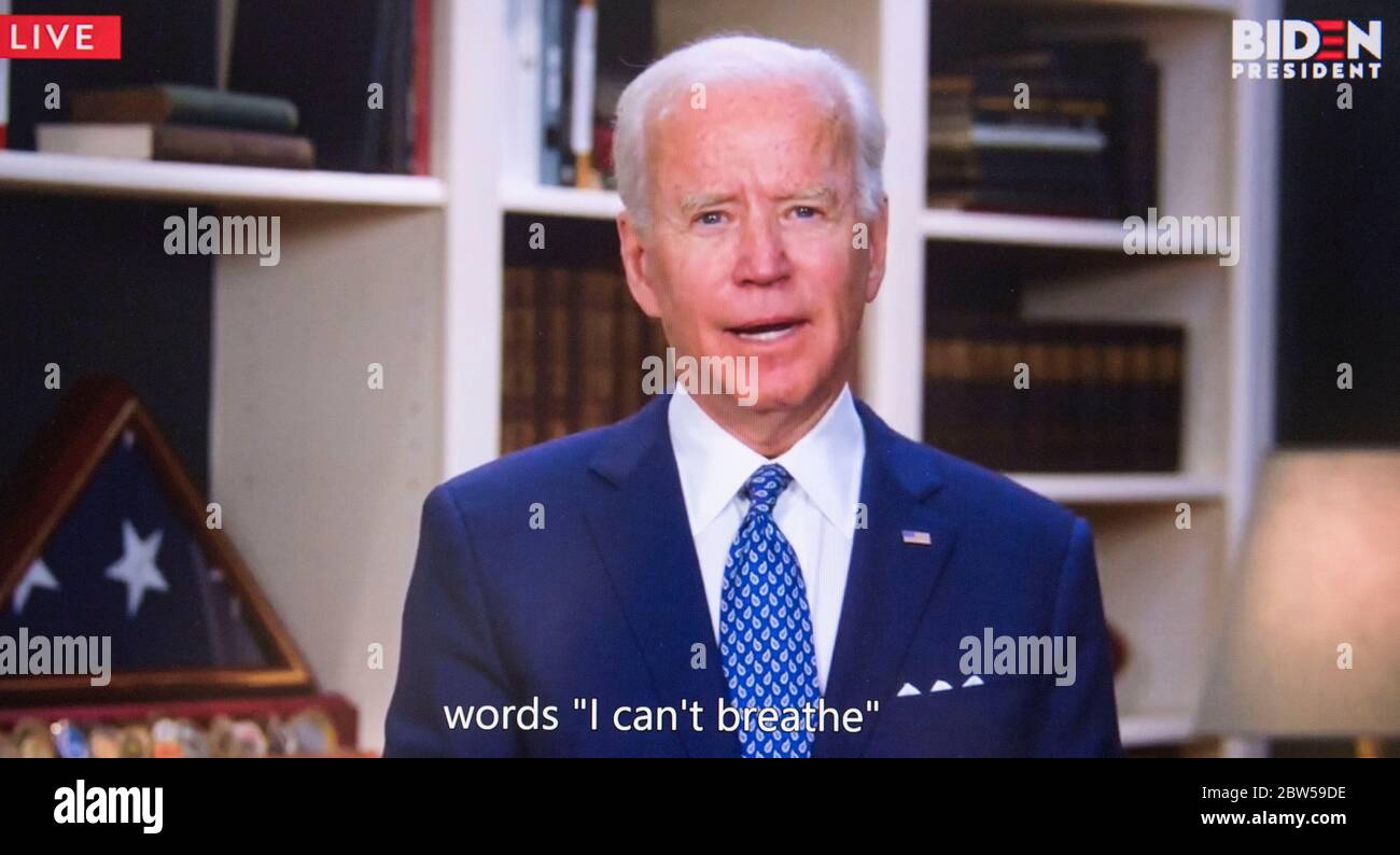 Wilmington, Delaware, USA. 29th May, 2020. A screen grab of JOE BIDEN reacting to the death of G. Floyd while in police custody in Minneapolis. Credit: Brian Cahn/ZUMA Wire/Alamy Live News Stock Photo