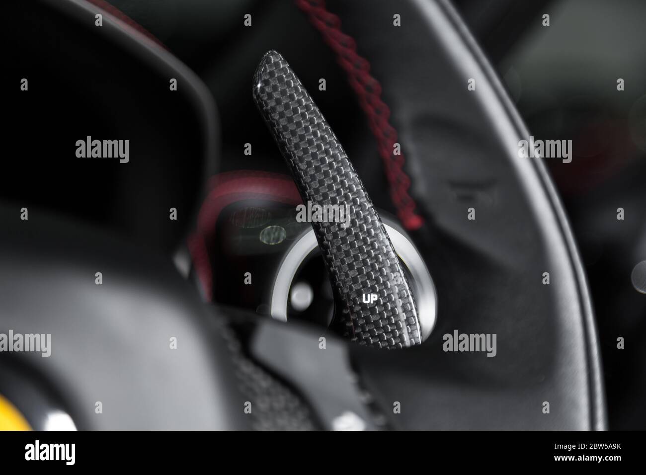 Close up shot of carbon fibre gear shift paddle Stock Photo Alamy