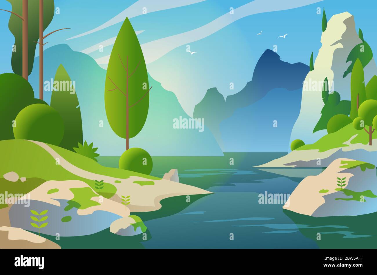 Sunny landscape. Forest and mountains near the lake. Vector illustration Stock Vector