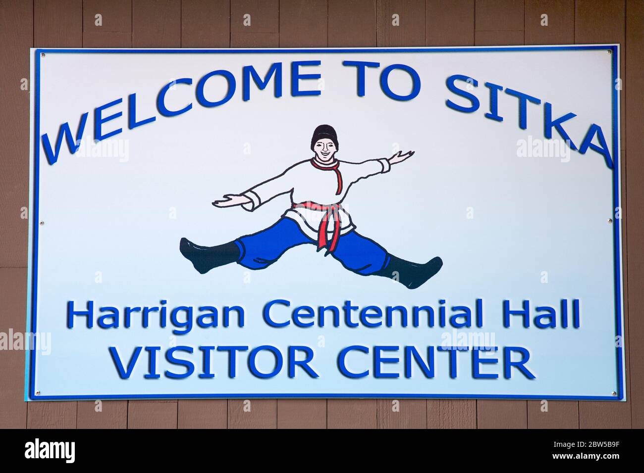Welcome to Sitka sign on Harrigan Centennial Hall, Baranof Island, Southeast Alaska, USA Stock Photo