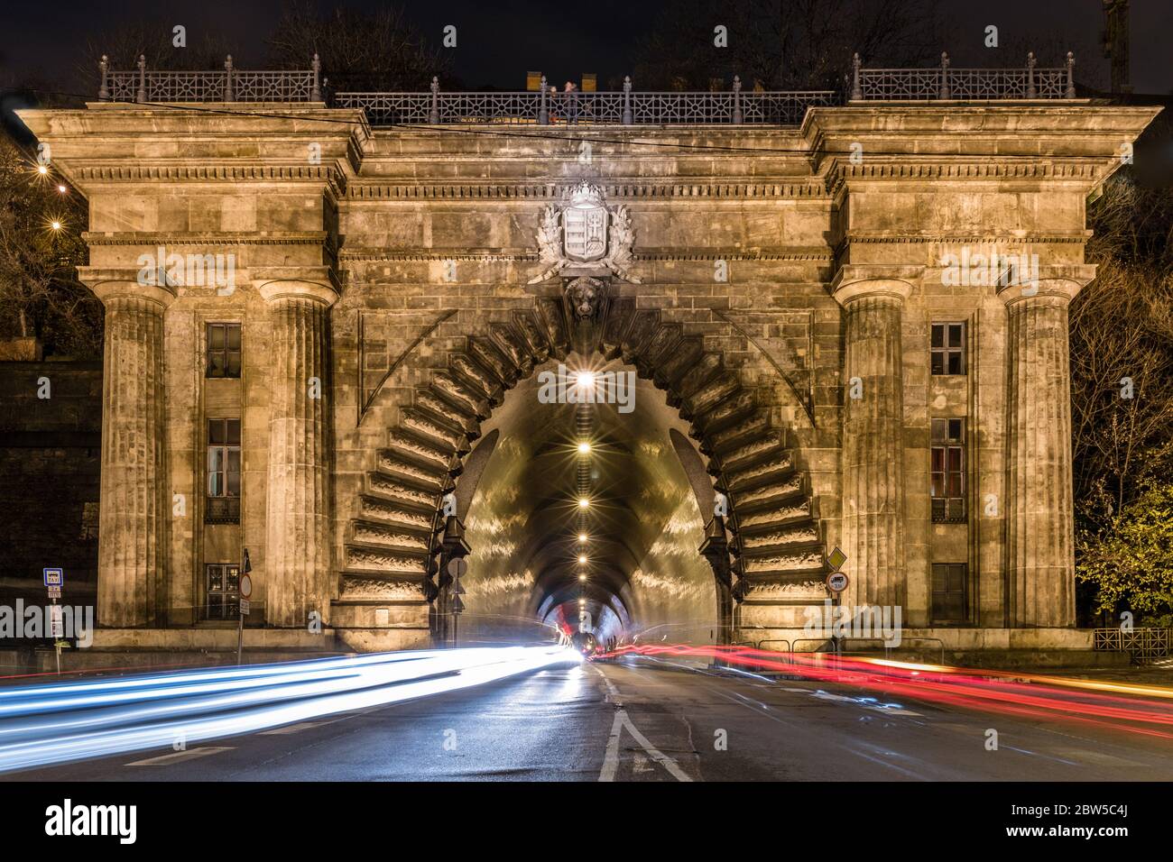 Night traffic lights in a famous tunnel from Budapest Stock Photo