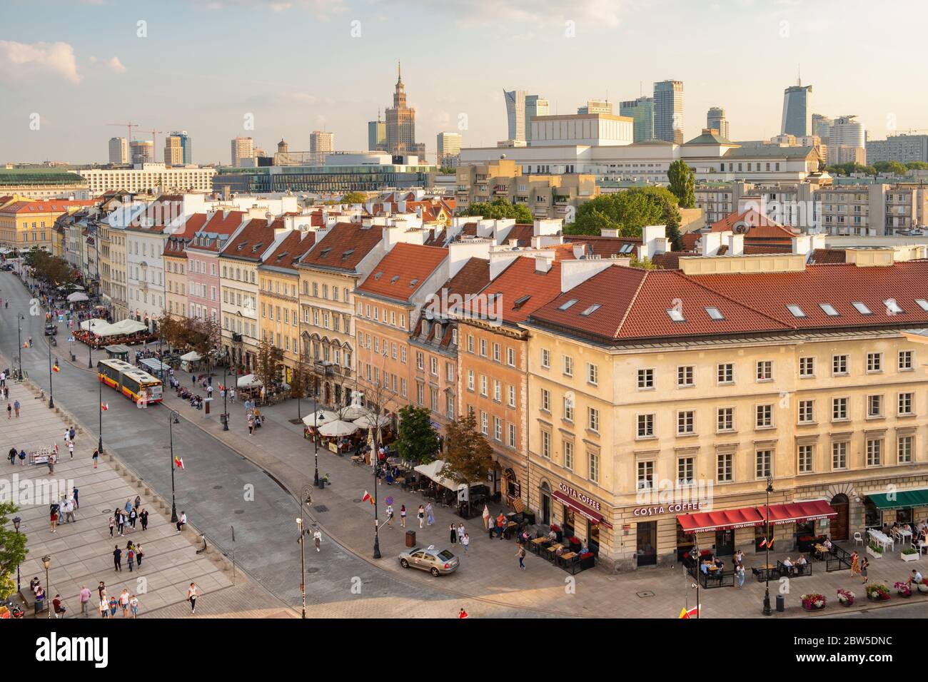 Old town with modern skyscrapers at background in Warsaw, Poland Stock Photo