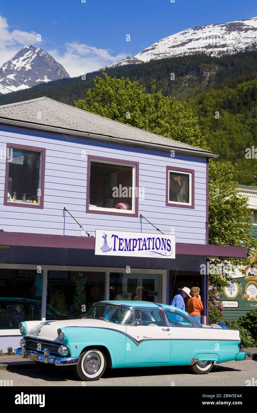 Temptations Store & historic vehicle, Skagway, Southeast Alaska, USA Stock Photo