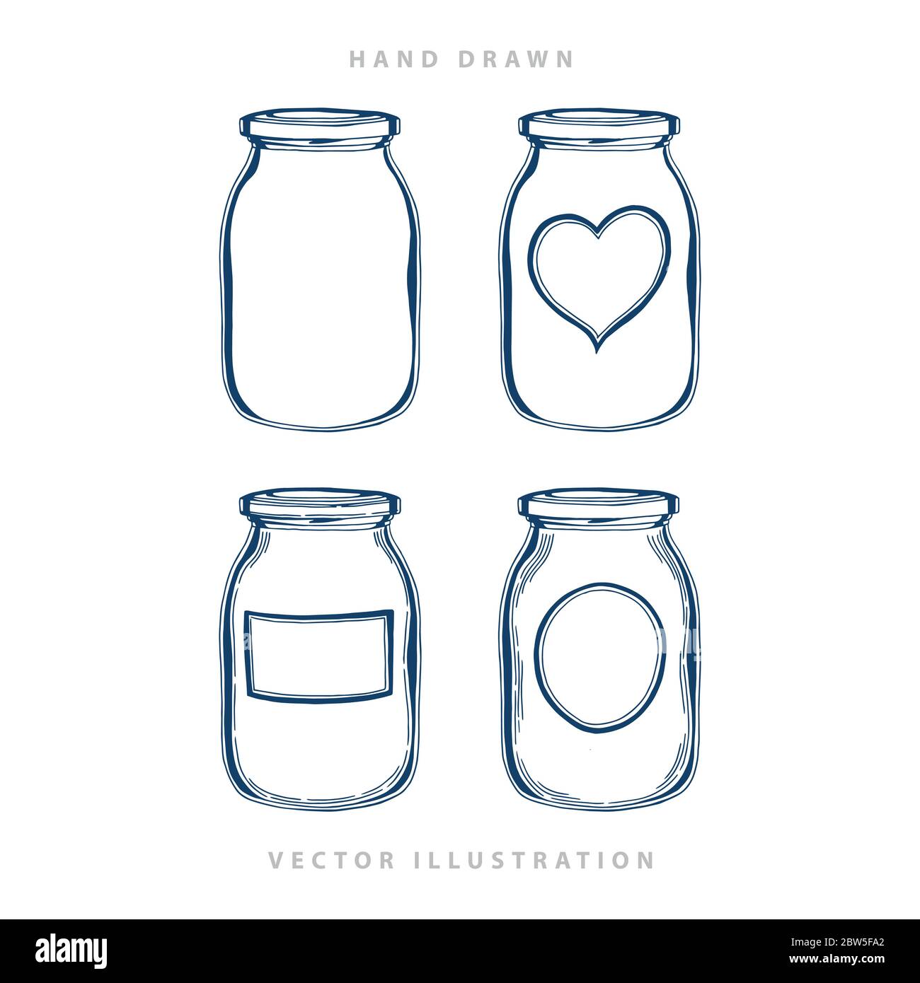 Jar. Hand drawn different jars with labels. Glass jar sketch drawing set. Stock Vector